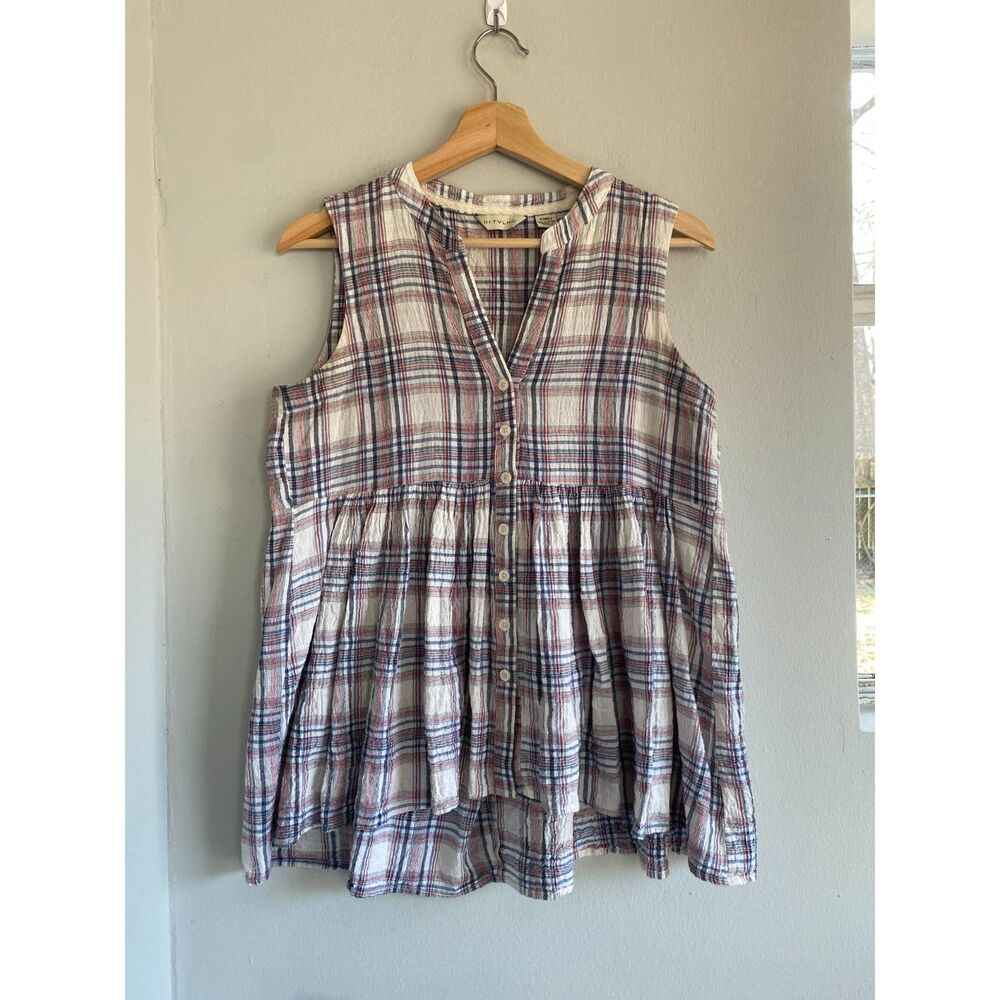 Anthropologie 11 1 TYLHO Peplum Checkered Button Down Sleeveless Top 100% Cotton